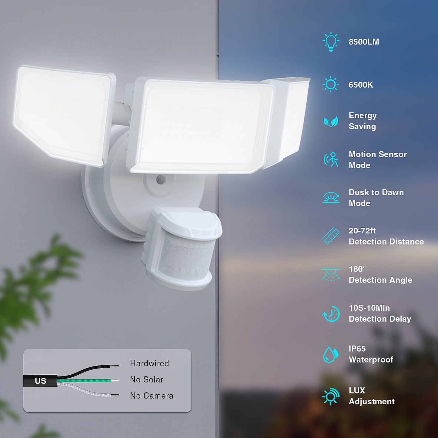 85W LED Security Lights Motion Sensor Light Outdoor, 8500LM Dusk to Dawn, IP65 Waterproof, 6500K, 3 Head Motion Detected Flood Light, Floodlight for Outside, Garage, Yard, Porch
